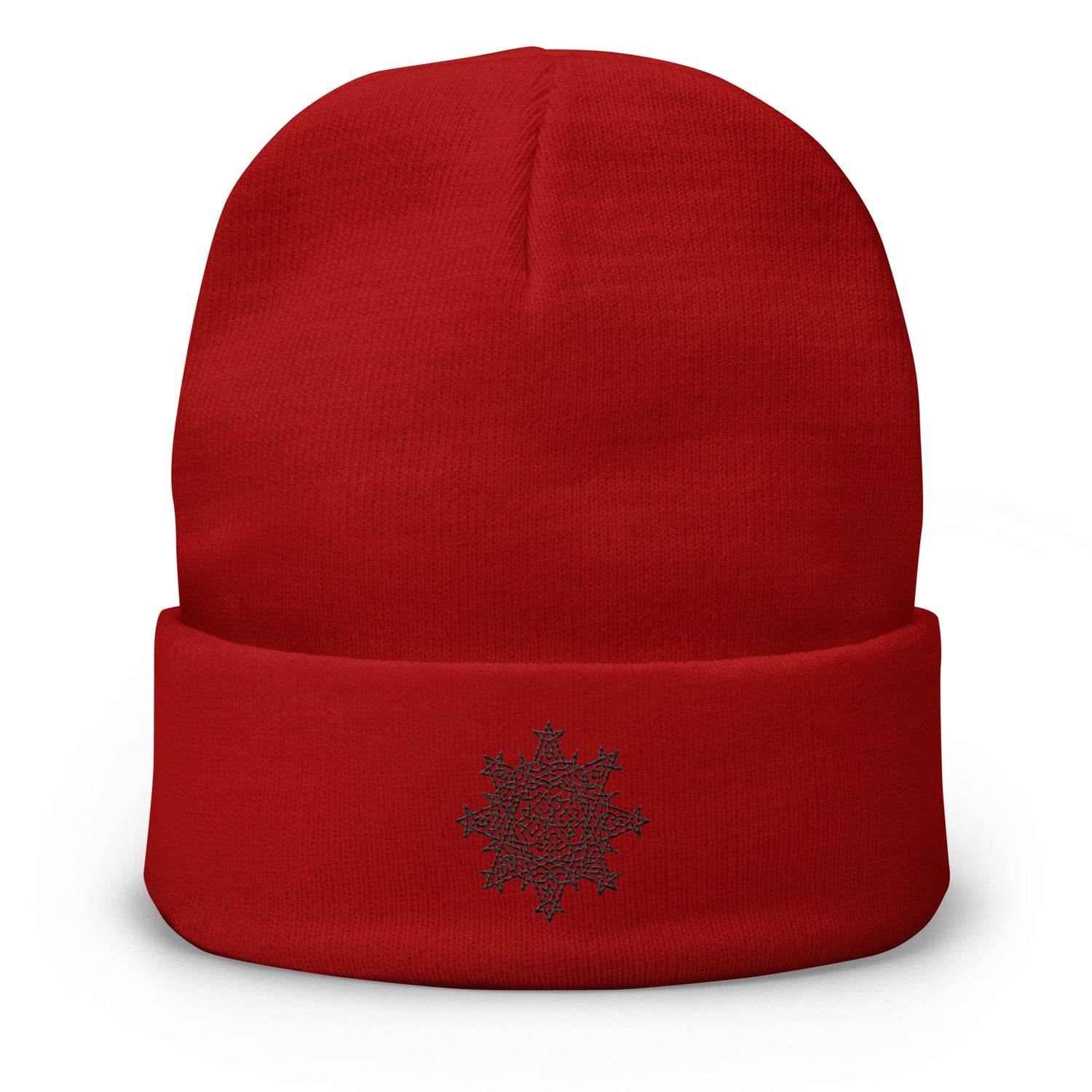 A red Xigfireon knit beanie embroidered with the Black iteration of the `Morning Star Fire` Celtic knot design.