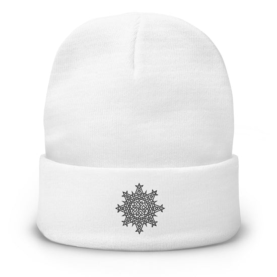 A white Xigfireon knit beanie embroidered with the Black iteration of the `Morning Star Fire` Celtic knot design. 