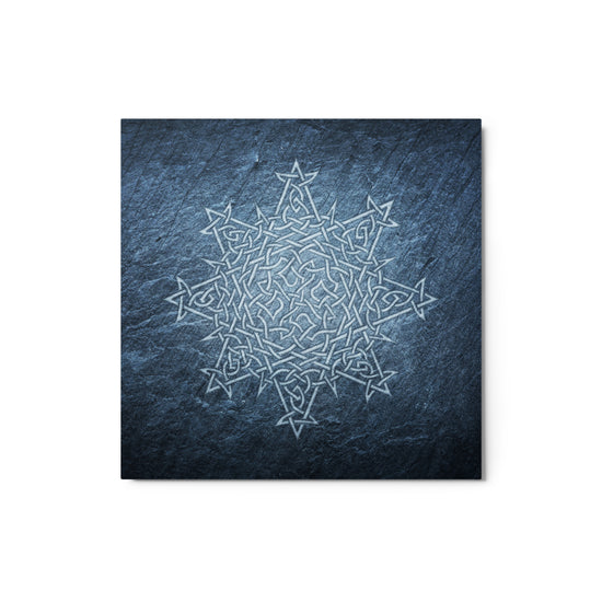 A 12" x 12" glossy metal print of the Blue Slate iteration of the `Morning Star Fire` Celtic knot design.