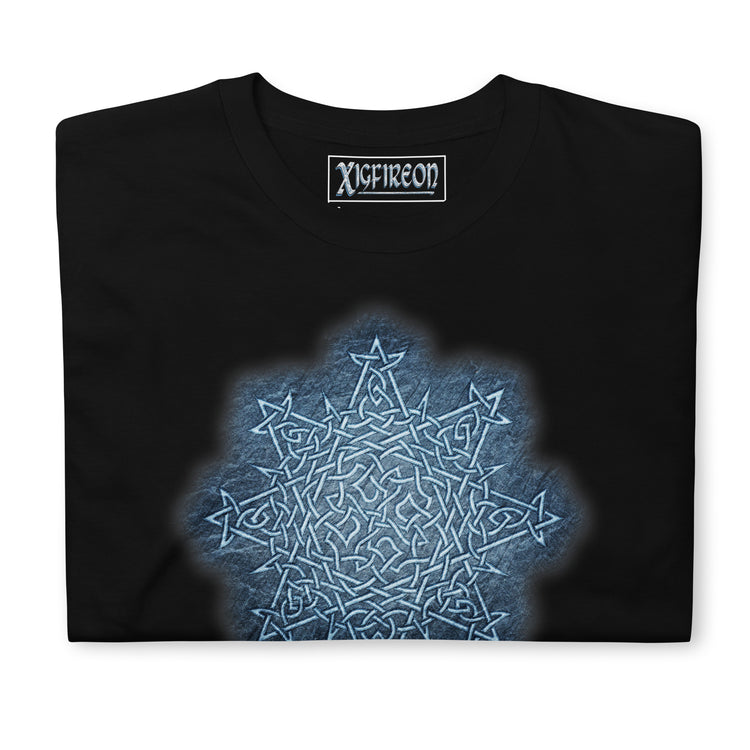 A folded black graphic t-shirt featuring the Blue Slate iteration of the `Morning Star Fire` Celtic knot design.