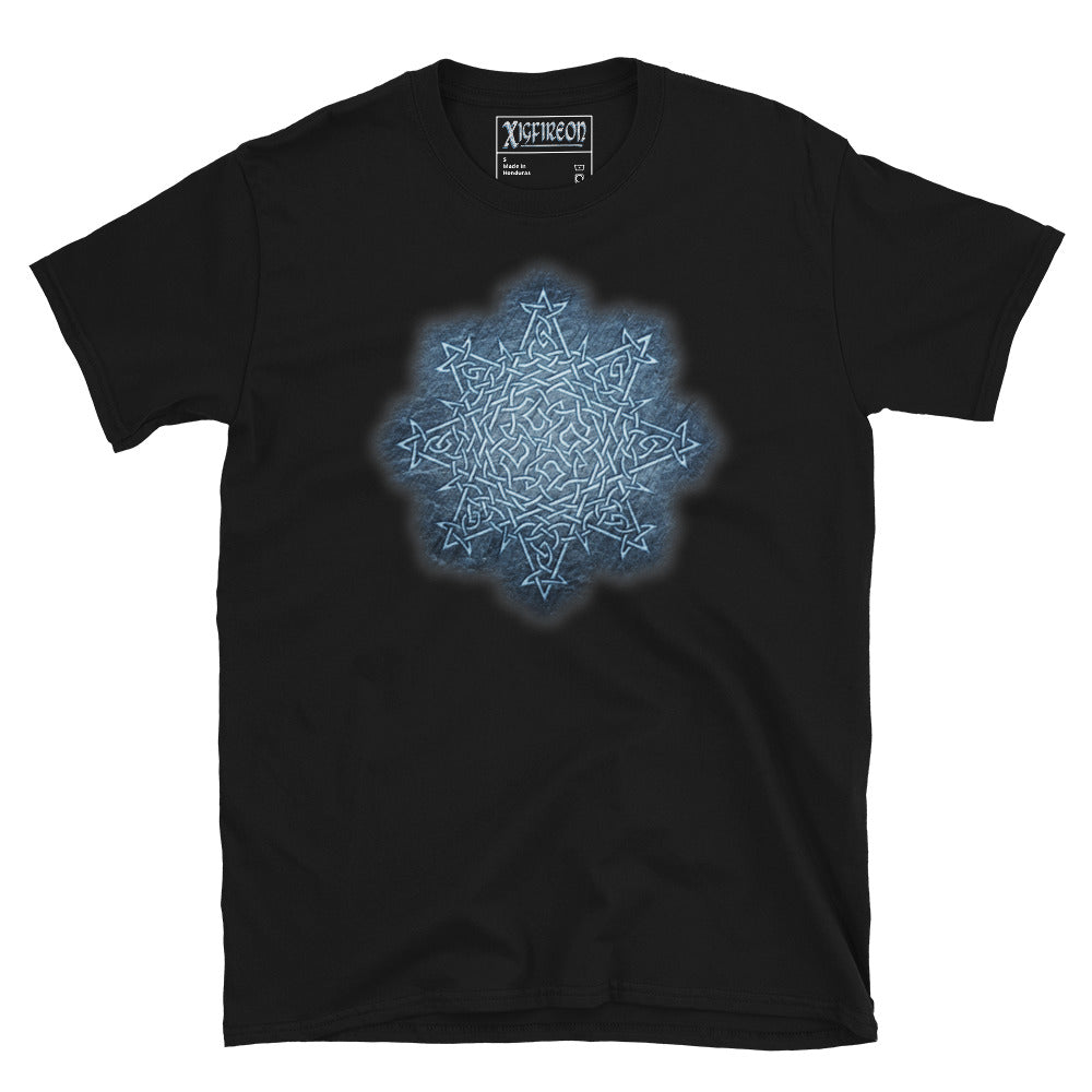 The Blue Slate iteration of the `Morning Star Fire` Celtic knot design on a black t-shirt.