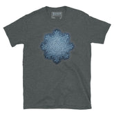 The Blue Slate iteration of the `Morning Star Fire` Celtic knot design on a dark heather t-shirt.