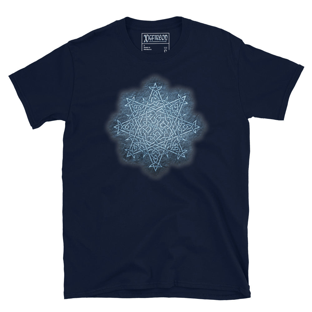 The Blue Slate iteration of the `Morning Star Fire` Celtic knot design on a navy blue t-shirt.