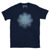 The Blue Slate iteration of the `Morning Star Fire` Celtic knot design on a navy blue t-shirt.