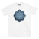 The Blue Slate iteration of the `Morning Star Fire` Celtic knot design on a white t-shirt.