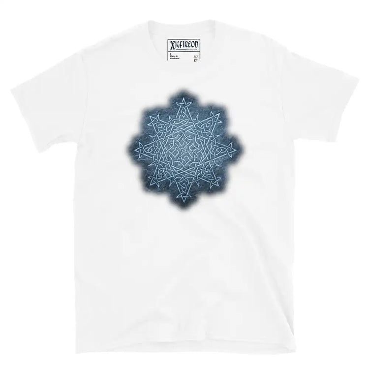The Blue Slate iteration of the `Morning Star Fire` Celtic knot design on a white t-shirt.