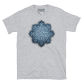 The Blue Slate iteration of the `Morning Star Fire` Celtic knot design on a sport grey t-shirt.