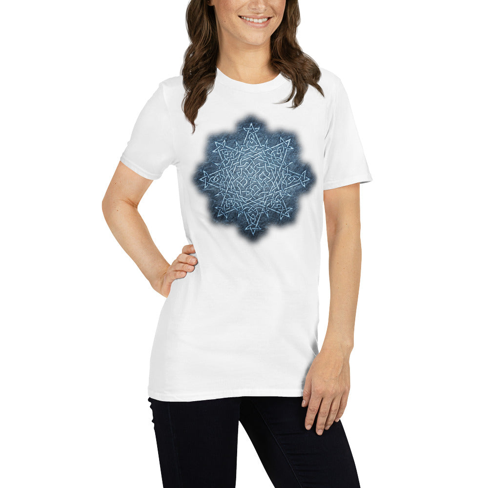 A young lady wearing a white graphic t-shirt featuring the Blue Slate iteration of the `Morning Star Fire` Celtic knot design.