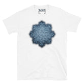 The Blue Slate iteration of the `Morning Star Fire` Celtic knot design on a white t-shirt.