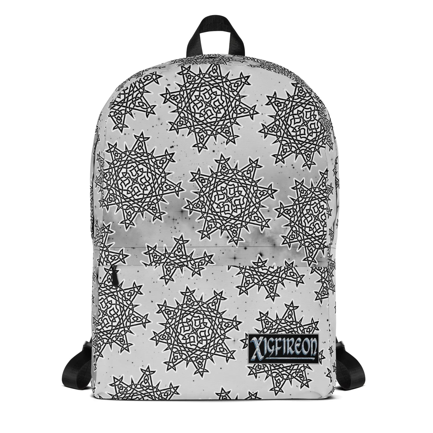 A Xigfireon backpack, viewed from straight behind, featuring the Black & White Solid Cosmos Inverted iteration of the `Morning Star Fire` Celtic knot pattern. The `Morning Star Fire` Celtic knot represents the Sun.