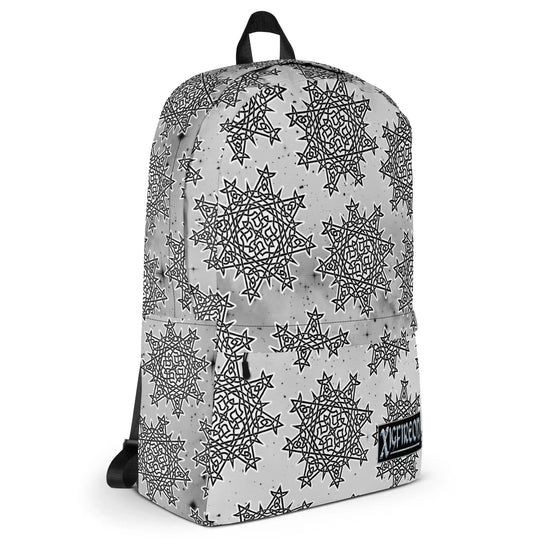 A Xigfireon backpack featuring the Black & White Solid Cosmos Inverted iteration of the `Morning Star Fire` Celtic knot pattern. The `Morning Star Fire` Celtic knot symbolizes the Sun.