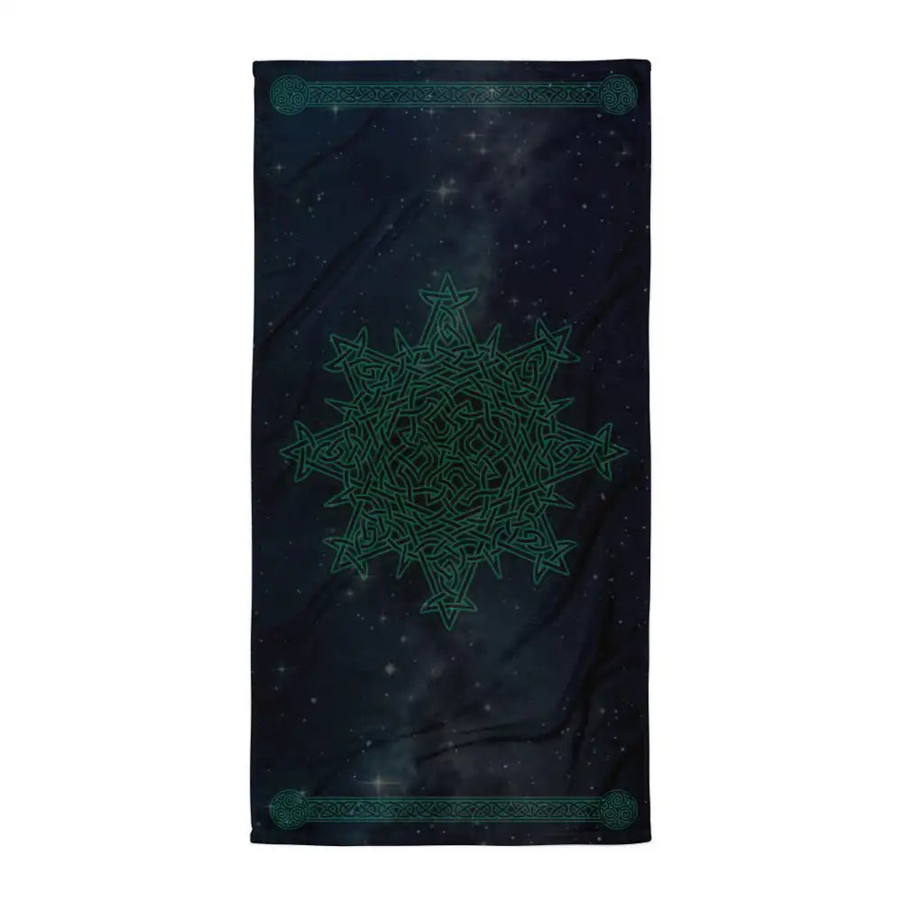A Xigfireon bath and/or beach towel featuring the Celestial iteration of the `Morning Star Fire` Celtic knot with braided borders ending in triskelions at the narrow ends.