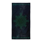 A Xigfireon bath and/or beach towel featuring the Celestial iteration of the `Morning Star Fire` Celtic knot with braided borders ending in triskelions at the narrow ends.