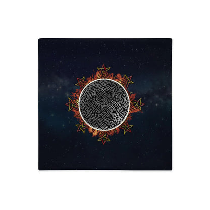 An 18 inch by 18 inch Xigfireon pillow case featuring the Eclipsed iteration of the `Morning Star Fire` Celtic knot design.