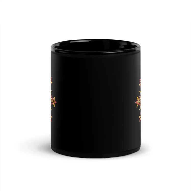The front side of a Xigfireon black ceramic 11oz mug featuring the Fire Colour iteration of the `Morning Star Fire` Celtic knot design. This Celtic knot symbolizes Father Sun.