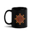 A Xigfireon black ceramic 11oz mug featuring the Fire Colour iteration of the `Morning Star Fire` Celtic knot design. This Celtic knot symbolizes Father Sun.