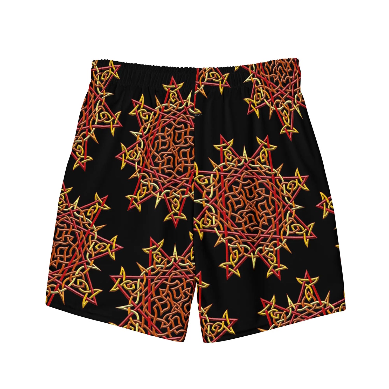 The back side of a pair of Xigfireon graphic swim trunks featuring the Fire Colour Black patterned series of the `Morning Star Fire` Celtic knot design.