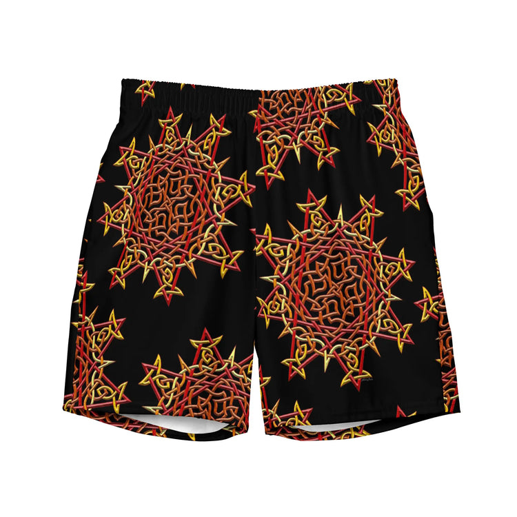 The front side of a pair of Xigfireon graphic swim trunks featuring the Fire Colour Black patterned series of the `Morning Star Fire` Celtic knot design.