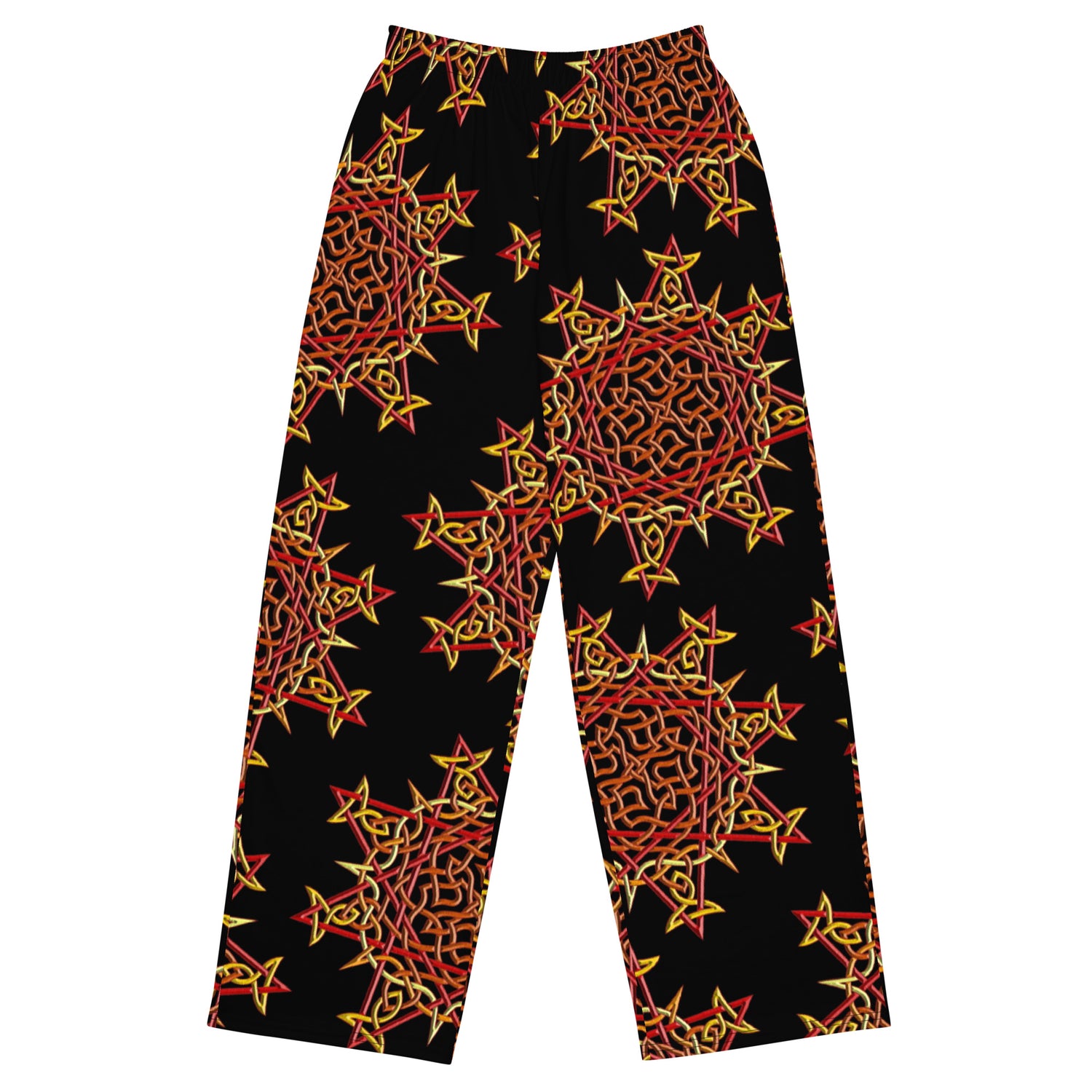 The front side of a pair of Xigfireon graphic wide leg pants featuring the Fire Colour Black patterned series of the `Morning Star Fire` Celtic knot design.