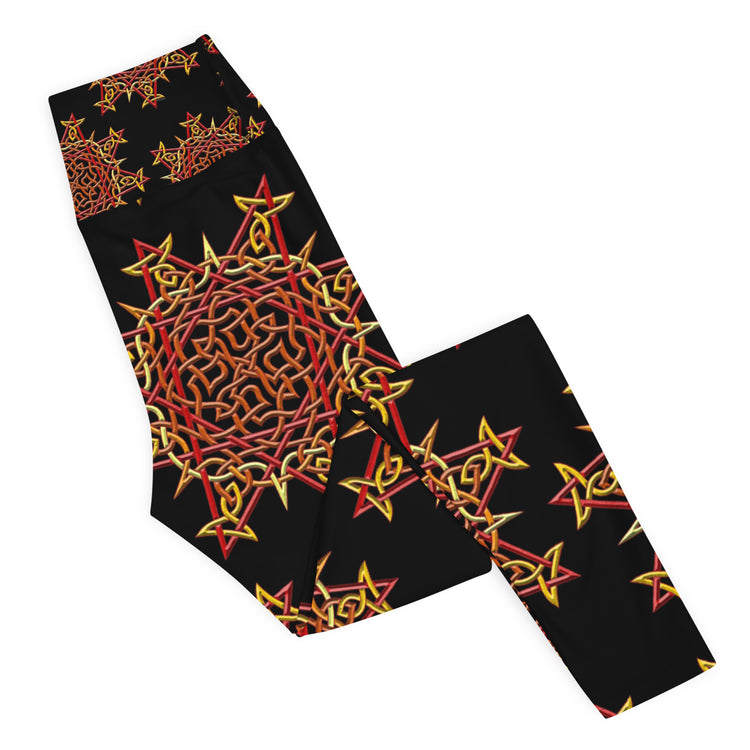 The right side of a folded pair of Xigfireon graphic yoga leggings featuring the Fire Colour Black patterned series of the `Morning Star Fire` Celtic knot design.