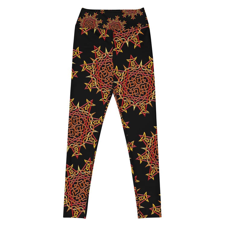 The front side of a pair of Xigfireon graphic yoga leggings featuring the Fire Colour Black patterned series of the `Morning Star Fire` Celtic knot design.