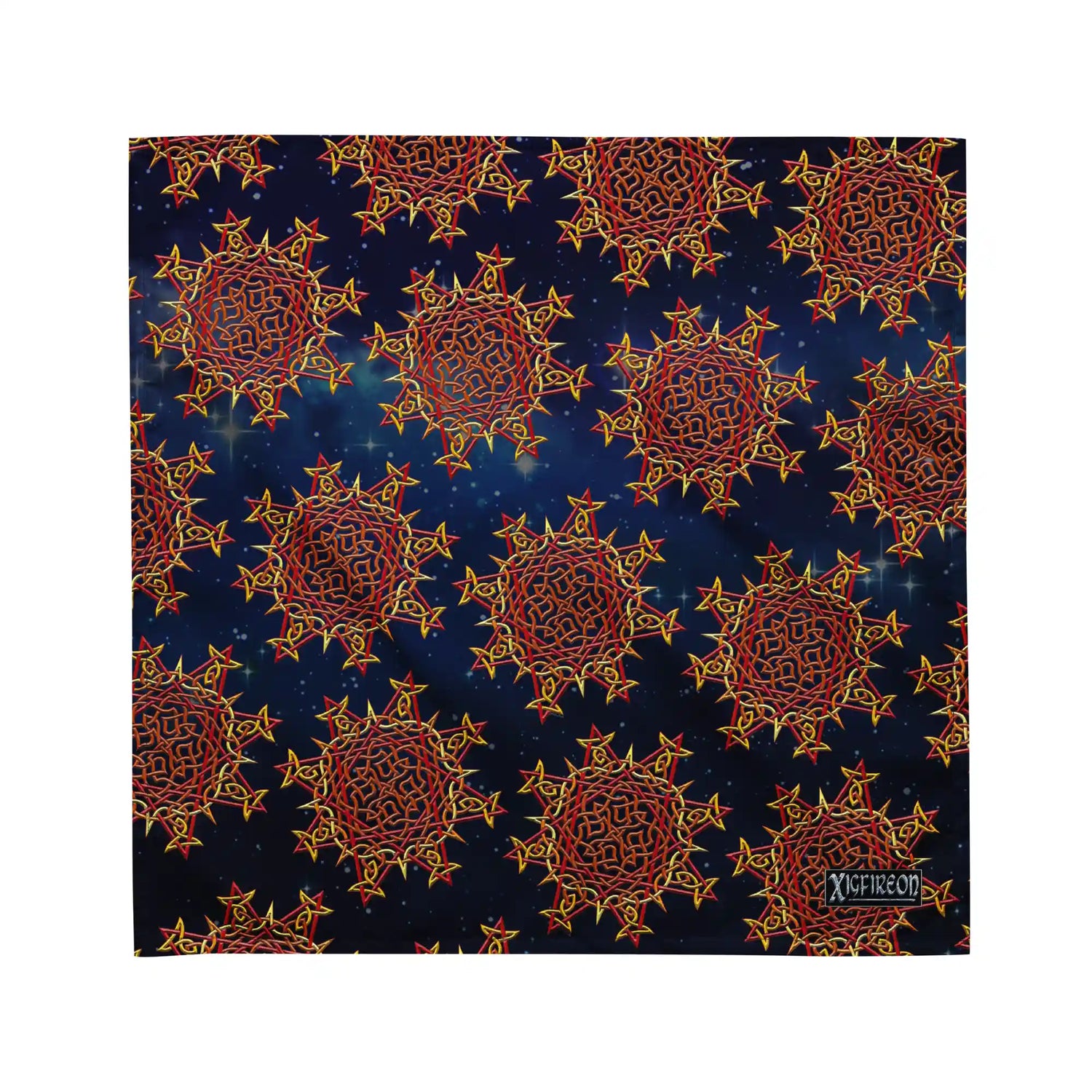 A medium Xigfireon bandana adorned with the Fire Colour Cosmos patterned series of the `Morning Star Fire` Celtic knot design.