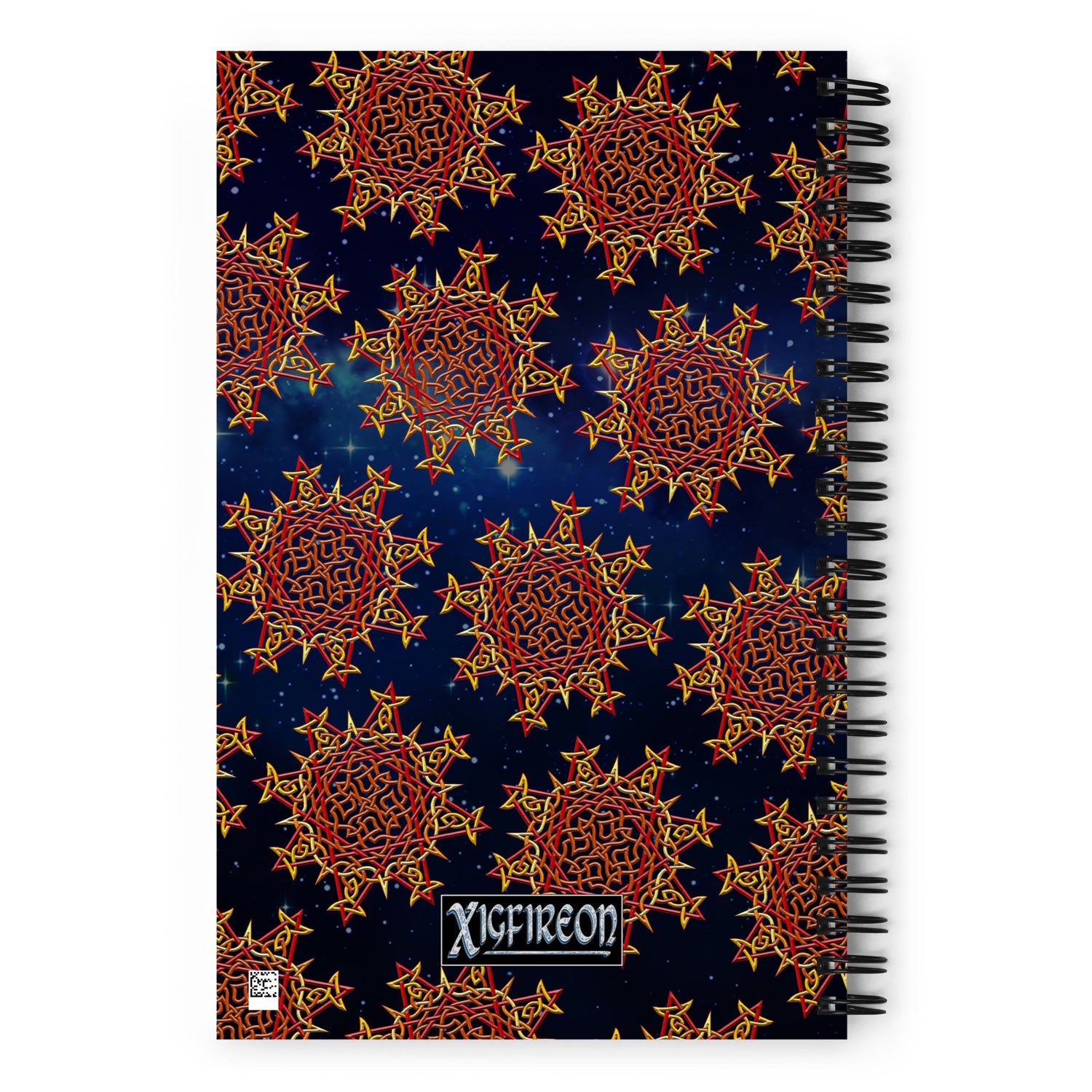 The back side of a Xigfireon graphic spiral notebook featuring the Fire Colour Cosmos patterned series of the `Morning Star Fire` Celtic knot design.