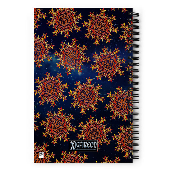 The back side of a Xigfireon graphic spiral notebook featuring the Fire Colour Cosmos patterned series of the `Morning Star Fire` Celtic knot design.