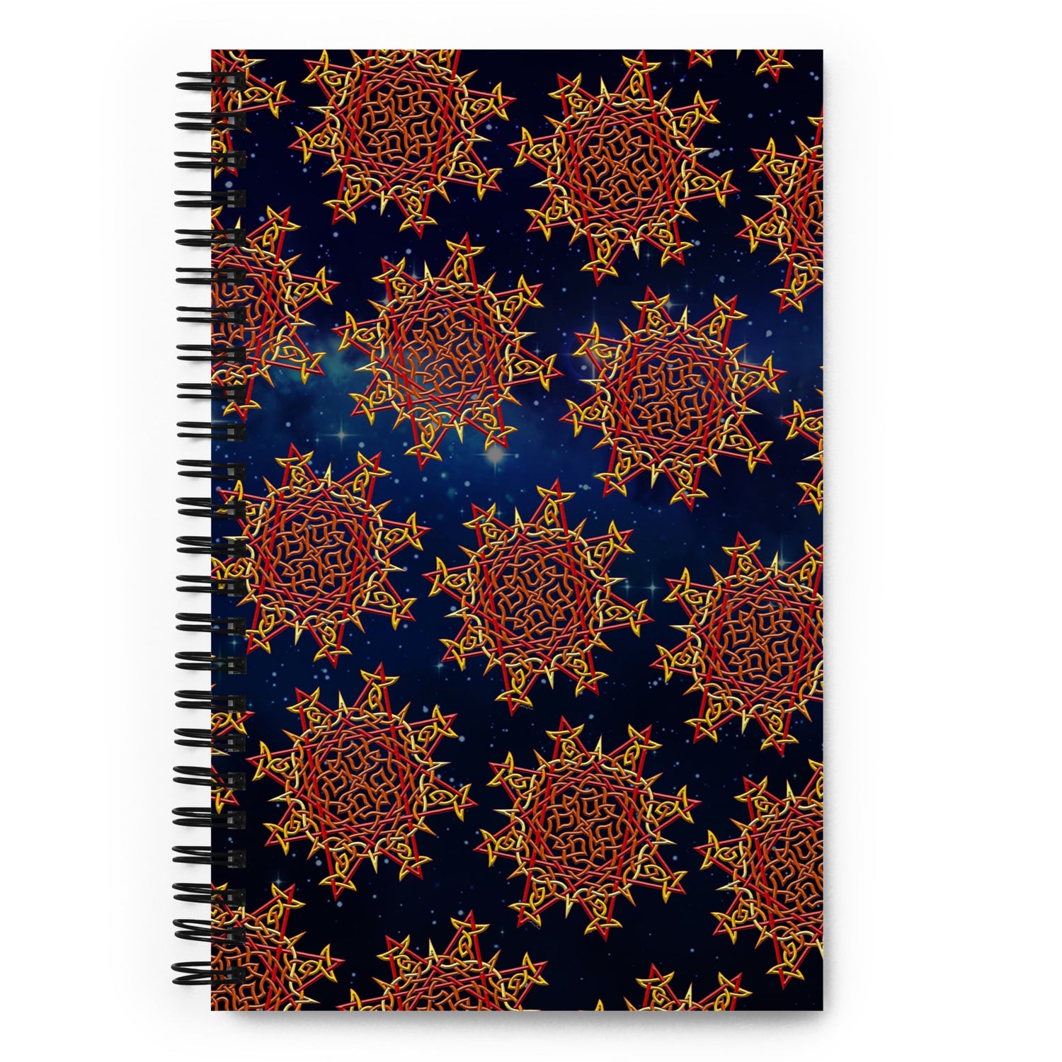 The front side of a Xigfireon graphic spiral notebook featuring the Fire Colour Cosmos patterned series of the `Morning Star Fire` Celtic knot design.