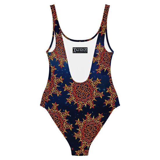 The back side of a Xigfireon graphic swimsuit featuring the Fire Colour Cosmos patterned series of the `Morning Star Fire` Celtic knot design.