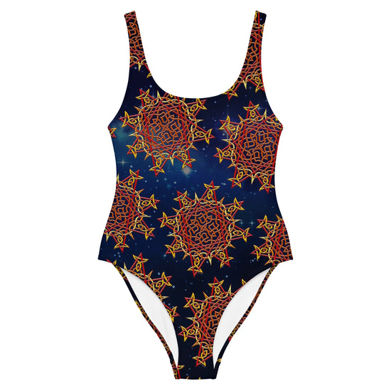 The front side of a Xigfireon graphic swimsuit featuring the Fire Colour Cosmos patterned series of the `Morning Star Fire` Celtic knot design.