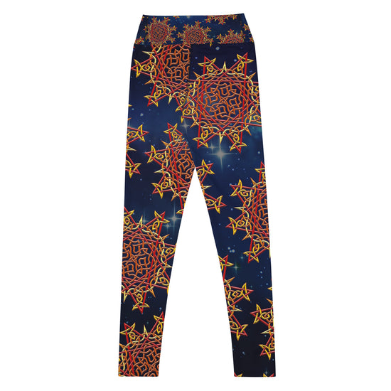 The back side of a pair of Xigfireon graphic yoga leggings featuring the Fire Colour Cosmos patterned series of the `Morning Star Fire` Celtic knot design.