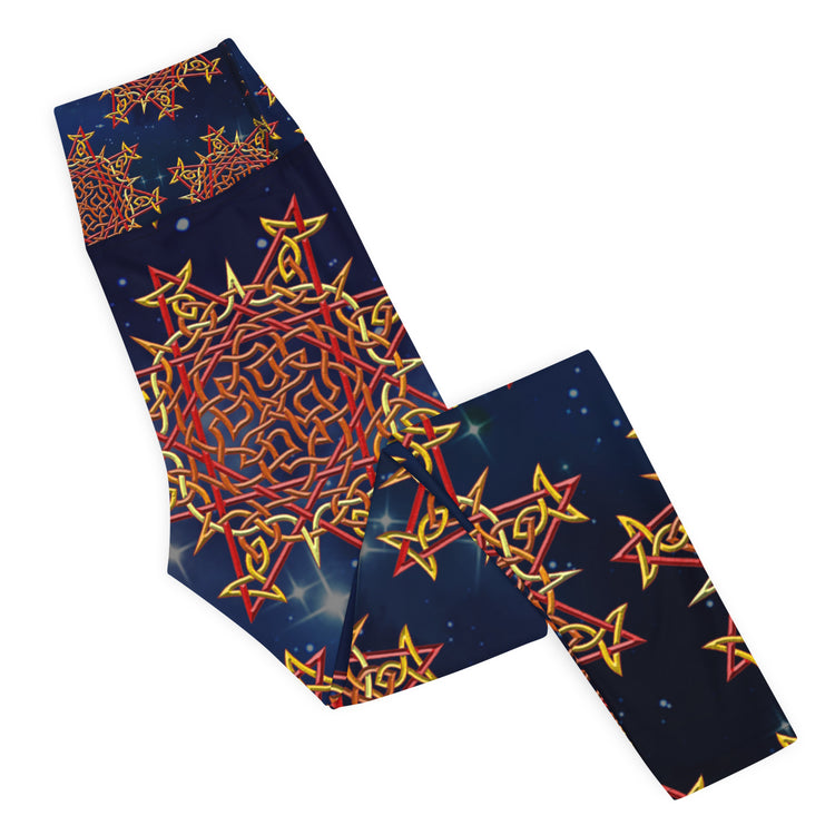 The right side of a folded pair of Xigfireon graphic yoga leggings featuring the Fire Colour Cosmos patterned series of the `Morning Star Fire` Celtic knot design.