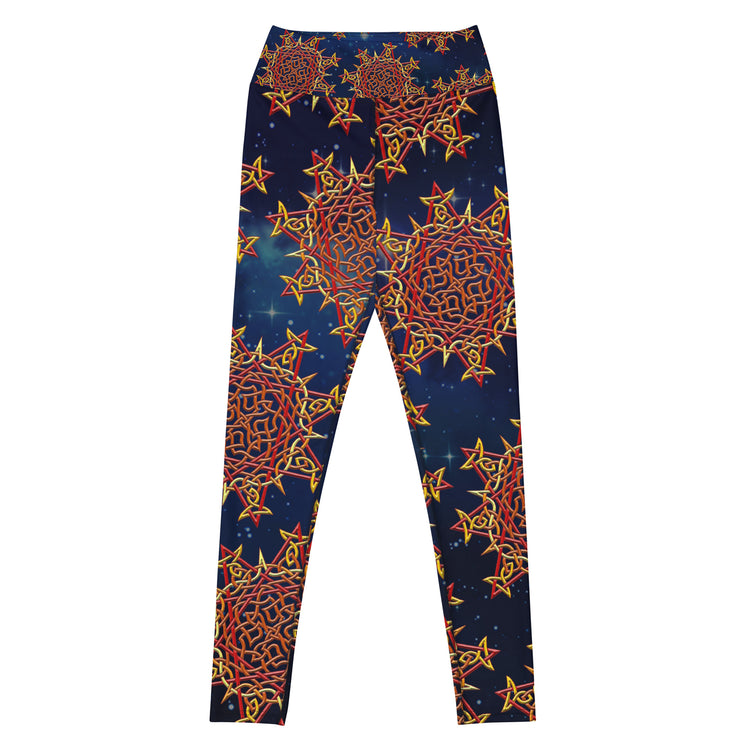 The front side of a pair of Xigfireon graphic yoga leggings featuring the Fire Colour Cosmos patterned series of the `Morning Star Fire` Celtic knot design.