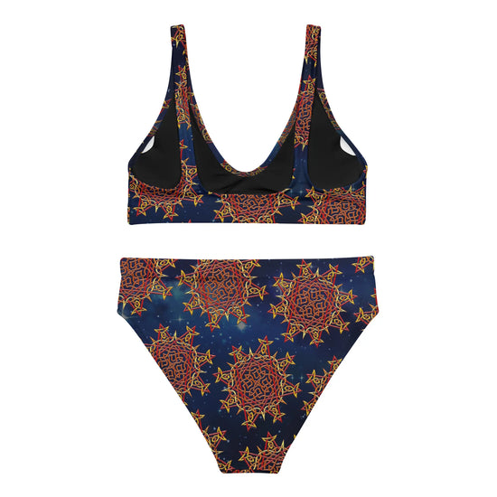 The back side of a Xigfireon graphic bikini featuring the Fire Colour Cosmos patterned series of the `Morning Star Fire` Celtic knot design.