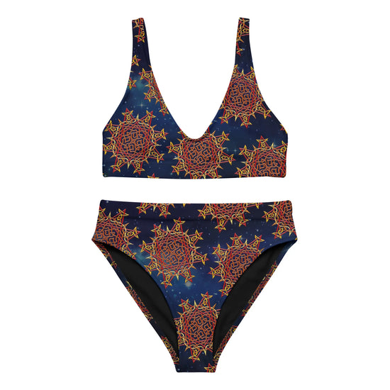 The front side of a Xigfireon graphic bikini featuring the Fire Colour Cosmos patterned series of the `Morning Star Fire` Celtic knot design.