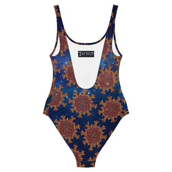 The back side of a Xigfireon graphic swimsuit featuring the Fire Colour Solid Cosmos (small) patterned series of the `Morning Star Fire` Celtic knot design.