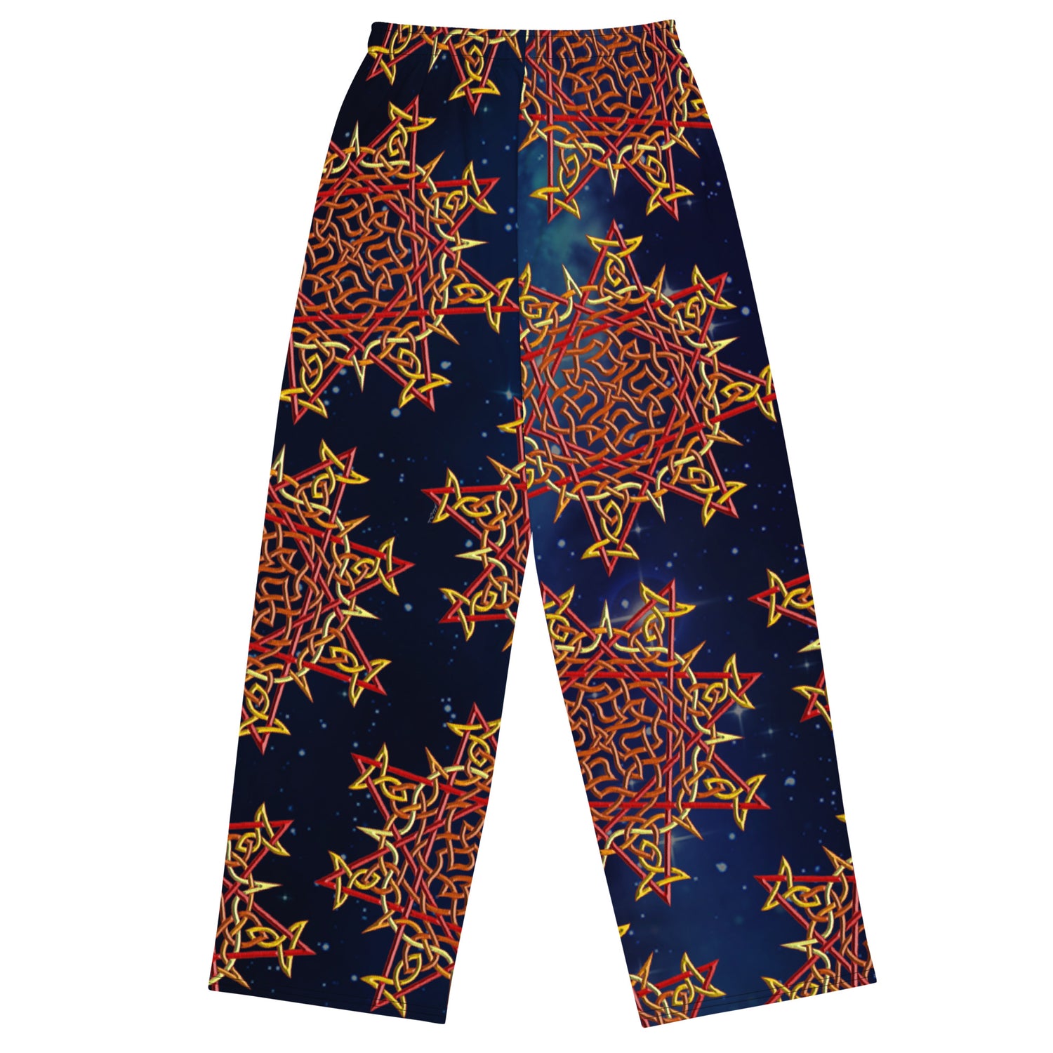 The back side of a pair of Xigfireon graphic wide leg pants featuring the Fire Colour Cosmos patterned series of the `Morning Star Fire` Celtic knot design.