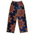 The front side of a pair of Xigfireon graphic wide leg pants featuring the Fire Colour Cosmos patterned series of the `Morning Star Fire` Celtic knot design.