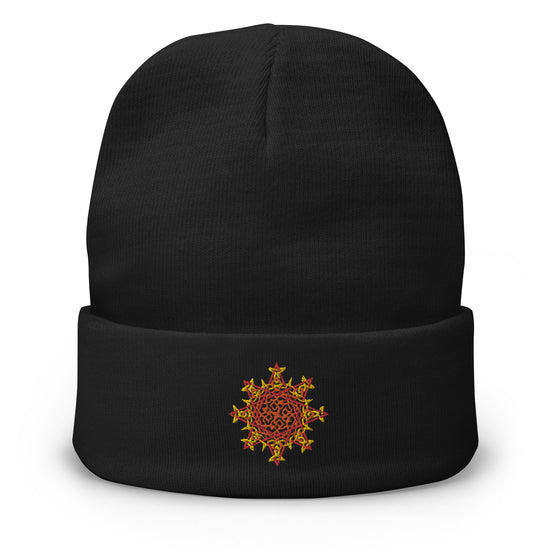 A black Xigfireon knit beanie embroidered with the Fire Colour iteration of the `Morning Star Fire` Celtic knot design.