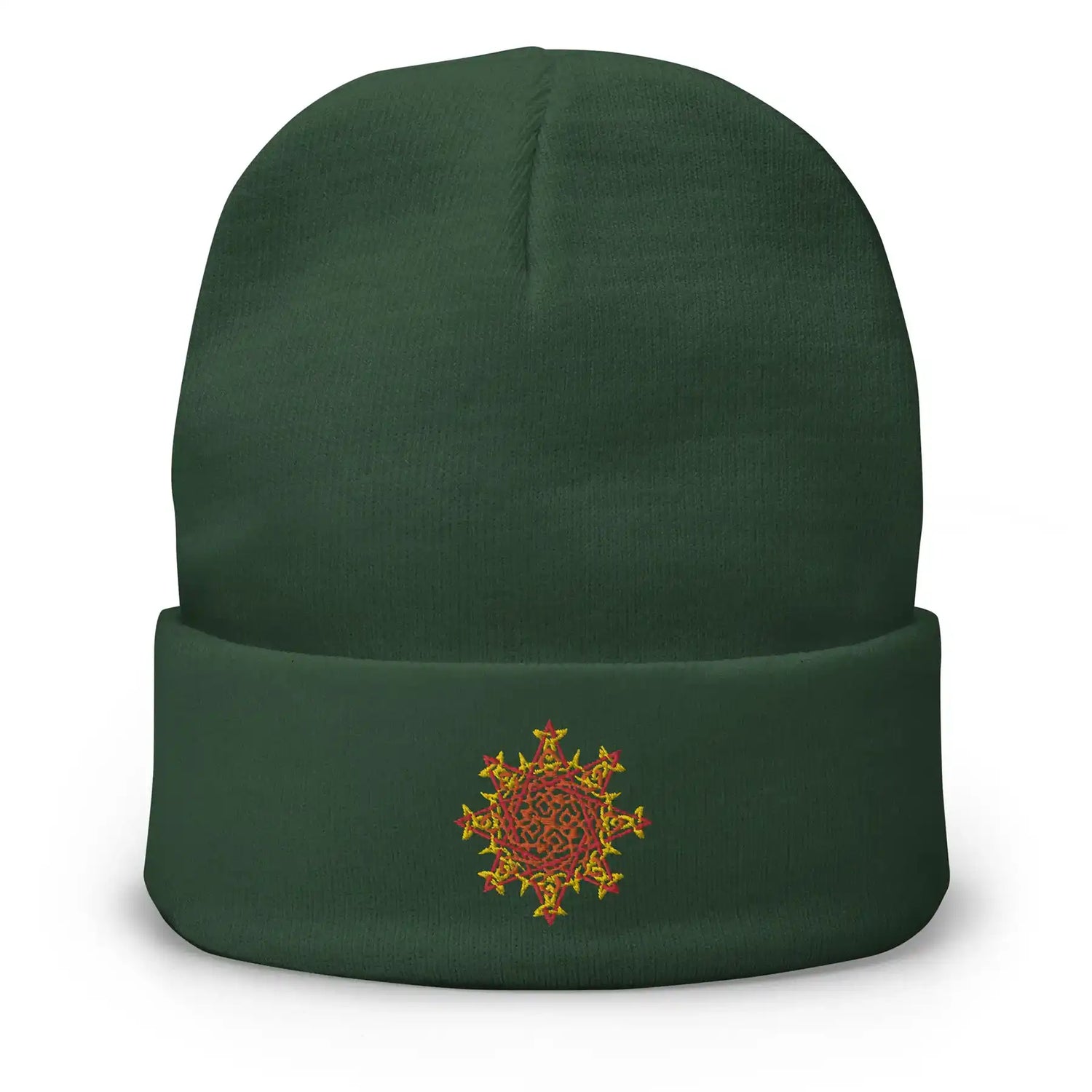 A dark green Xigfireon knit beanie embroidered with the Fire Colour iteration of the `Morning Star Fire` Celtic knot design.
