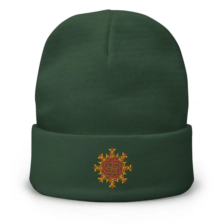 A dark green Xigfireon knit beanie embroidered with the Fire Colour iteration of the `Morning Star Fire` Celtic knot design.