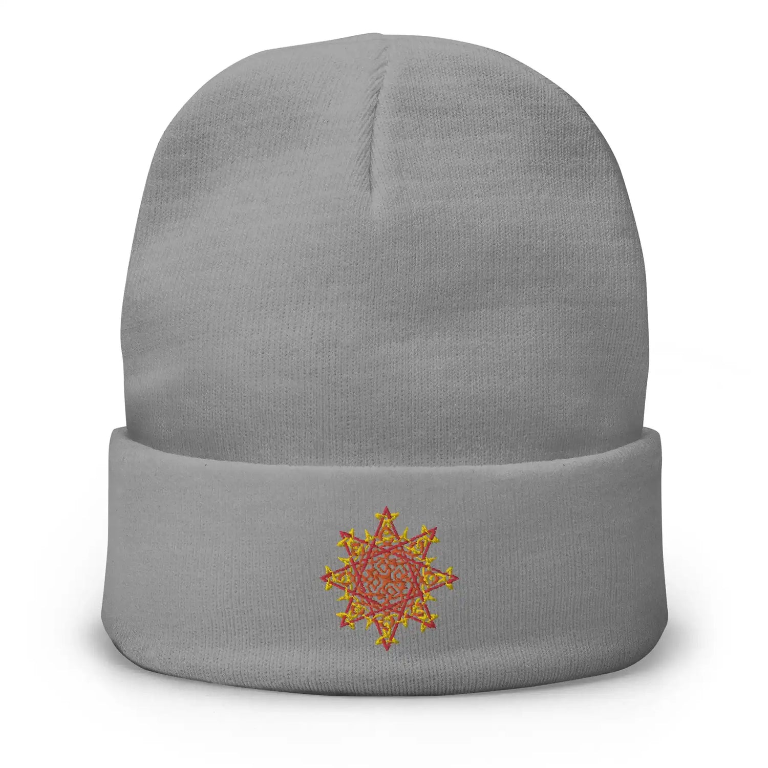 A grey Xigfireon knit beanie embroidered with the Fire Colour iteration of the `Morning Star Fire` Celtic knot design.