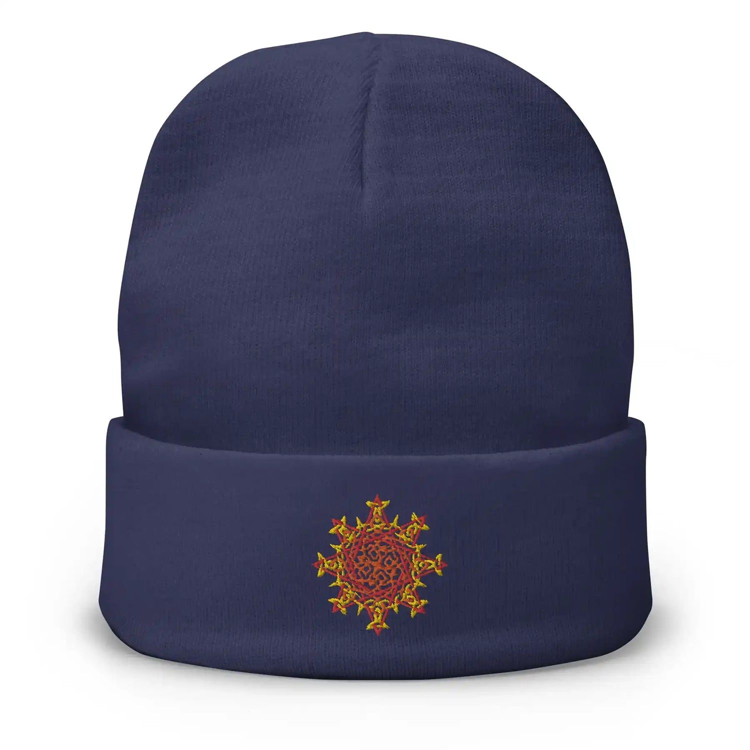 A navy blue Xigfireon knit beanie embroidered with the Fire Colour iteration of the `Morning Star Fire` Celtic knot design.