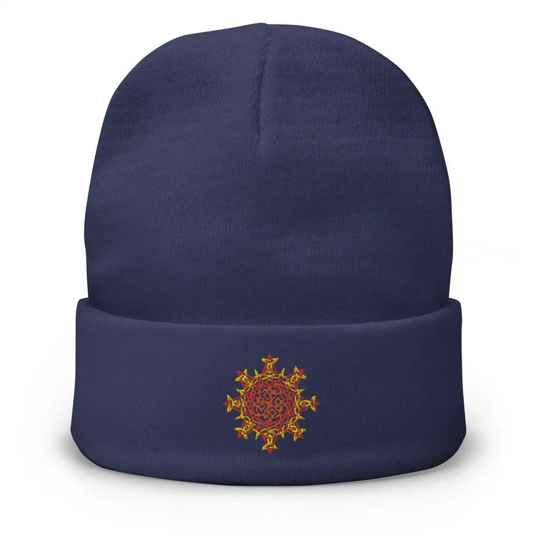 A navy blue Xigfireon knit beanie embroidered with the Fire Colour iteration of the `Morning Star Fire` Celtic knot design.