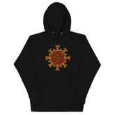 A black Xigfireon graphic hoodie featuring the Fire Colour Flat iteration of the `Morning Star Fire` Celtic knot design. The `Morning Star Fire` Celtic knot represents the Sun.