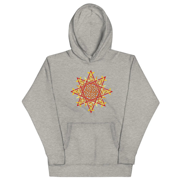 A carbon grey Xigfireon graphic hoodie featuring the Fire Colour Flat iteration of the `Morning Star Fire` Celtic knot design. The `Morning Star Fire` Celtic knot represents the Sun.