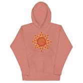 A dusty rose Xigfireon graphic hoodie featuring the Fire Colour Flat iteration of the `Morning Star Fire` Celtic knot design. The `Morning Star Fire` Celtic knot represents the Sun.