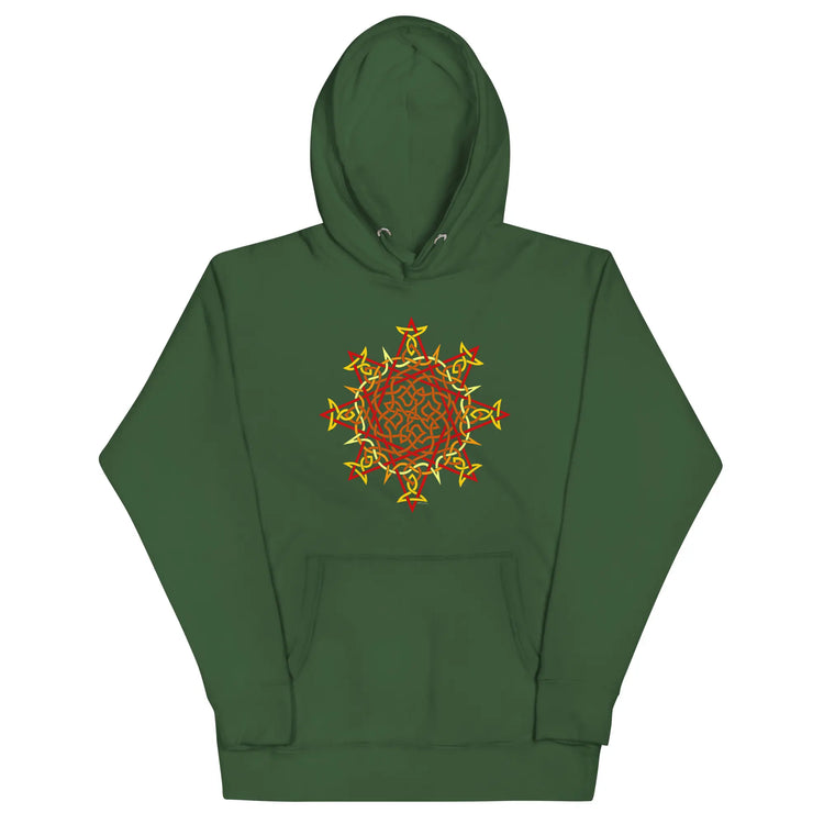 A forest green Xigfireon graphic hoodie featuring the Fire Colour Flat iteration of the `Morning Star Fire` Celtic knot design. The `Morning Star Fire` Celtic knot represents the Sun.