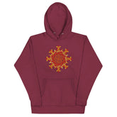 A maroon Xigfireon graphic hoodie featuring the Fire Colour Flat iteration of the `Morning Star Fire` Celtic knot design. The `Morning Star Fire` Celtic knot represents the Sun.